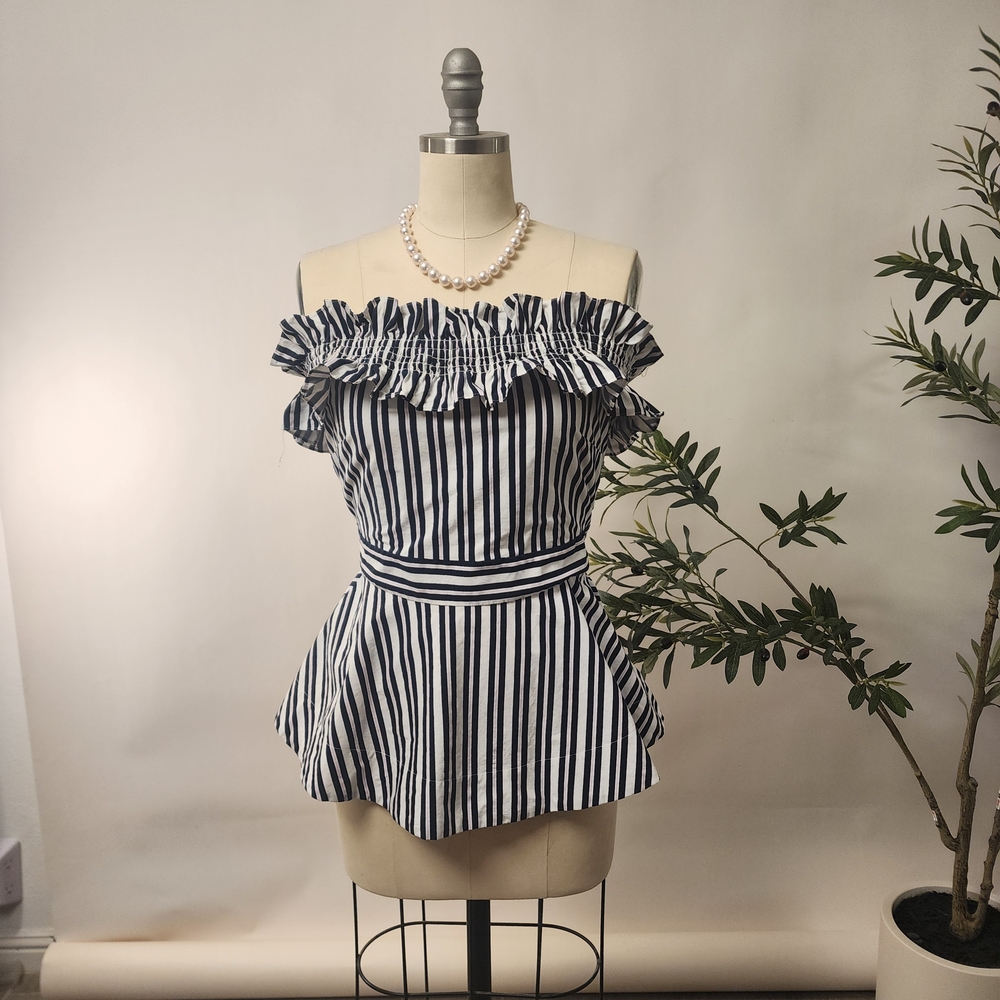kate spade Striped Off-Shoulder Blouse in Navy and White